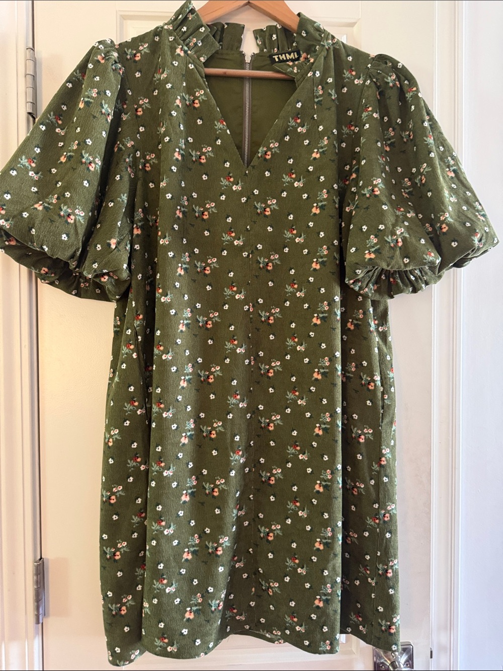 THML Olive Green Floral Puff Sleeve Dress